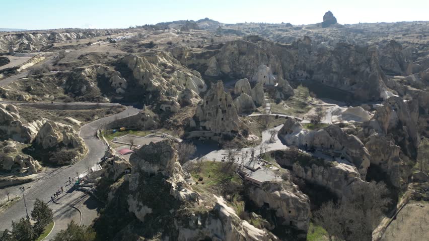 Top view of fairy chimneys in Cappadocia Goreme Open Air Museum on a sunny day.