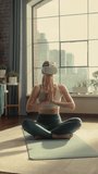 Vertical Portrait: Fit Female Wearing Virtual Reality Headset, Practising Meditation in Modern Futuristic Way in Sunny Loft Apartment. Healthy Lifestyle, Fitness, Wellbeing and Mindfulness Concept