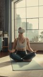 Vertical Portrait: Athletic Woman Wearing Virtual Reality Headset, Practising Meditation in Futuristic Way in Sunny Home Living Room. Healthy Lifestyle, Fitness, Wellbeing and Mindfulness Concept.