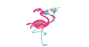 The funny Flamingo with a glass of cocktail, alpha channel, 4K video animation