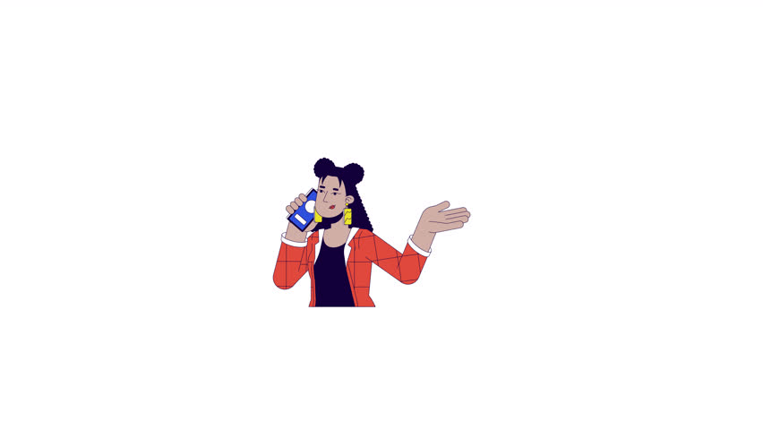 Black female talking on mobile phone line 2D character animation. Technology of communication flat color cartoon 4K video, alpha channel. Woman with smartphone animated person on white background