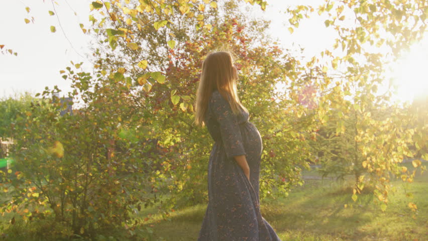 Beautiful pregnant woman having walk in the park