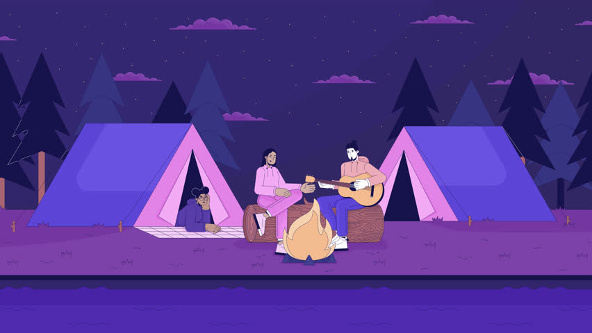 Playing guitar friends camping tents line cartoon animation. Bonfire night people multicultural 4K video motion graphic. Lo fi vibes 2D linear animated characters on landscape background