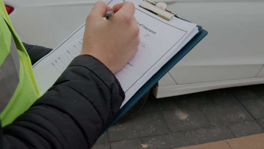 scene is an inspector meticulously documenting details on an auto insurance document, exemplifying the concept and importance of car insurance Royalty-Free Stock Footage #3452295145