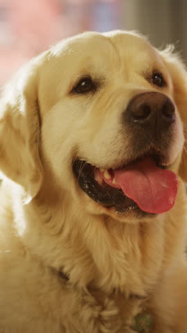 Vertical Screen: Golden Retriever Dog Sitting at Home in Living Room, Looks at Camera. Top Quality Dog Breed Pedigree Specimen Shows it's Smartness, Cuteness, and Noble Beauty Royalty-Free Stock Footage #3452311909