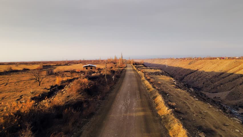 Aerial view of village in Issyk Kul lake during winter