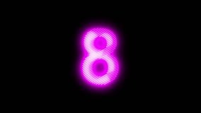  Video footage of Pink glowing Number Eight (8) neon icon. Looped Neon Lines abstract on black background.Laser Pictogram animation. Seamless loop. 4k video