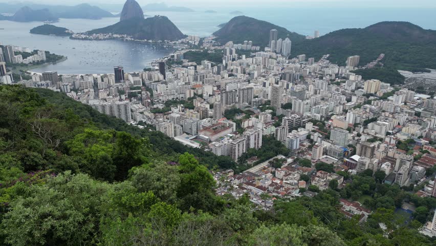 Aerial video of Rio de Janeiro Brazil from a high perspective.