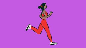 A young woman in sportswear runs on a lavender background . A girl of athletic build is engaged in sports . Animation of the illustration .
