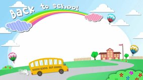 School Bus With Happy Children Cartoon Characters Going To School. 4K Animation Video Motion Graphics With Background
