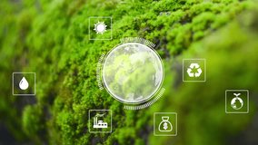 Digital green technology icons on green nature background. Space for logo or text.Net zero, ESG, Envinronmental technology.4k corporate video