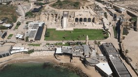 Aerial video of Caesarea National Park, Antiquities, Israel