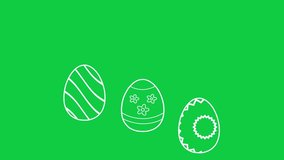 Three white decorated easter eggs jumping on green screen animation. Easter is loading concept.