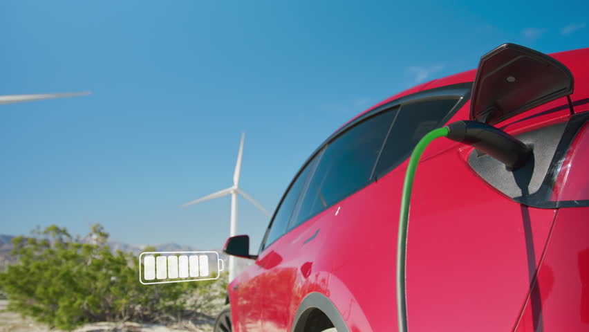 Zoom out collage electric car charging at windmills. Ecology friendly windmills, green planet, solar power plants, zero emission car. Clean renewable energy. Nature environment sustainable future 4K Royalty-Free Stock Footage #3452551601