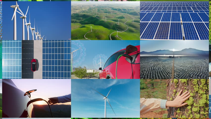 Zoom out collage electric car charging at windmills. Ecology friendly windmills, green planet, solar power plants, zero emission car. Clean renewable energy. Nature environment sustainable future 4K Royalty-Free Stock Footage #3452551601