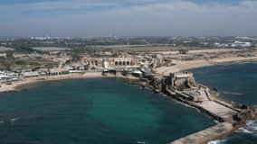 Aerial video of Caesarea National Park, Antiquities, Israel