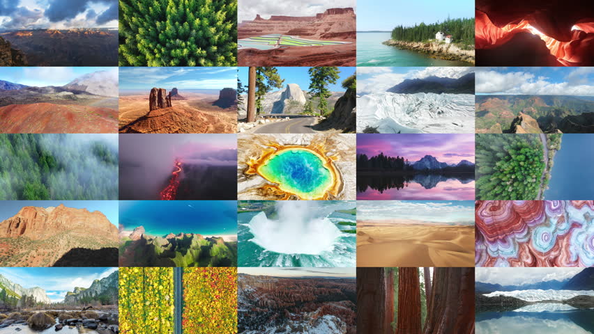 Collage National, State parks United States. Yellowstone, Denali, Niagara, Na Pali, Hawaii Volcanos, Grand Teton, Sequoia, Zion, Yosemite, Death Valley, Bryce, Grand Canyon, Canyonlands, Olympic park Royalty-Free Stock Footage #3452563369