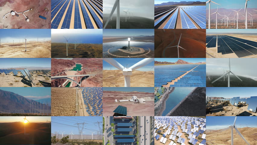 Collage with windmills solar panels plants developing energy on deserted planet. Global warming climate change, ecology disaster. Dried out Earth after Apocalypse. Renewable energy sources dying Earth Royalty-Free Stock Footage #3452566801