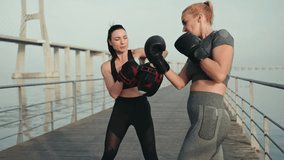 Two athletic women engaged in a boxing training session on a sunny waterfront bridge, showcasing strength and partnership. - Powered by Shutterstock - Get 15% off with code: PIKWIZARD15