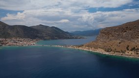 Aerial drone video of new modern seaside village of Monemvasia built in mainland South East Peloponnese, Greece