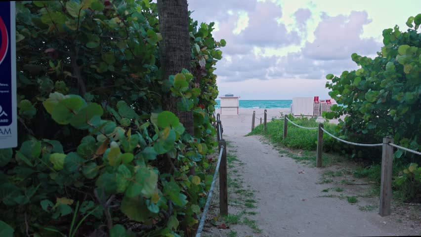 Scenic tropical plants along the famous Red Trail, aka Walking Street, leading to a sandy beach by the Atlantic Ocean. Miami Beach. USA.