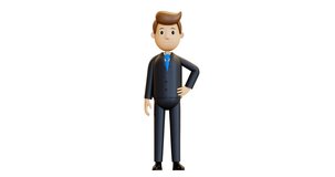 3D animation. Businessman in a suit. An office worker stops the process. 4k animation, alpha channel, in cartoon style, isolated. A friendly employee of the company shows a stop hand.