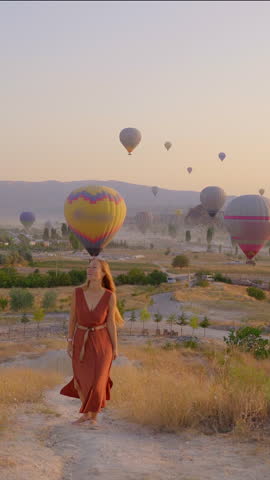 Vertical video. Happy woman looking at hot air balloons in Cappadocia, Turkey. Happy Travel in Turkey concept. Woman on a mountain top enjoying wonderful view.