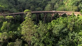 A beautiful nine-arch bridge near the city of Ella in Sri Lanka. Top view, aerial video filming.