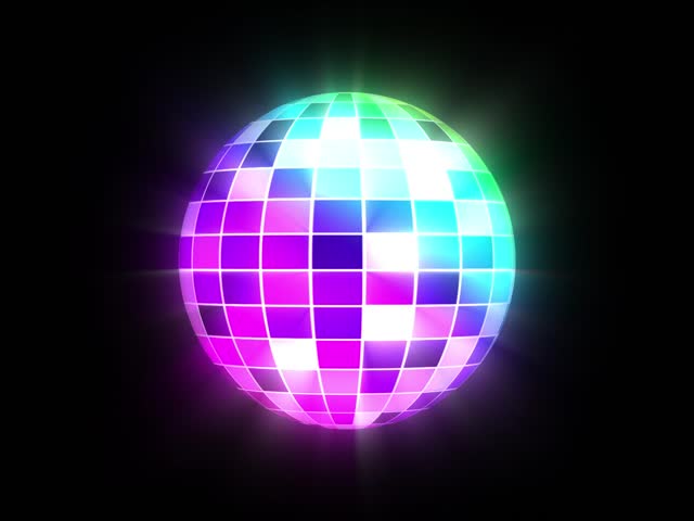 Bright glowing multi coloring  disco ball, Moving Rays Rotating. Mirror disco ball in mixed light isolated on black background.