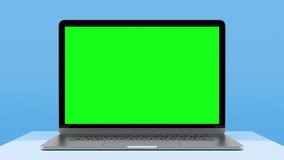Mockup Laptop Green Screen Display Open on Blue Background. Empty Green Monitor Animation for Video Call, Website Template News or Game Applications. One Blank Technology Zoom 3D render 4k - Powered by Shutterstock - Get 15% off with code: PIKWIZARD15
