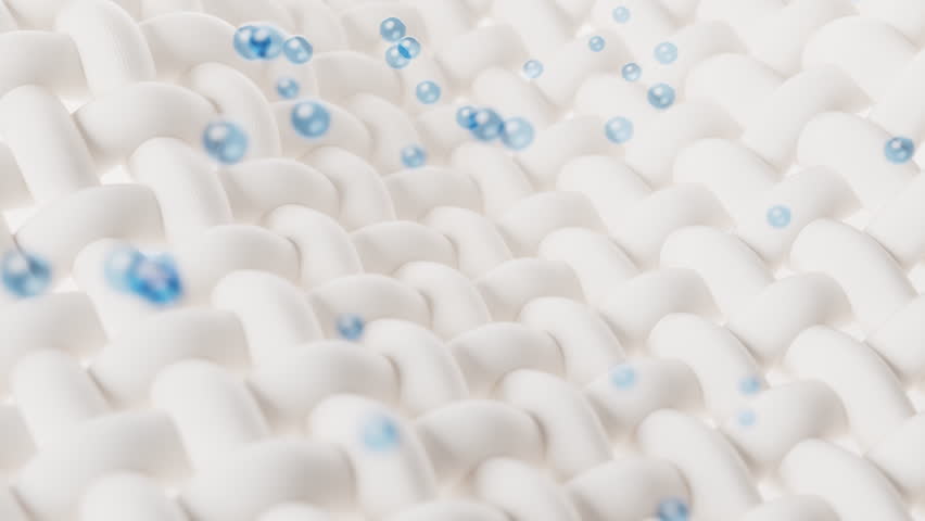 Wave cloth with microscopic detail and cleaning bubbles, 3d rendering. Motion graphic.