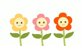Colorful Cute Flowers are dancing with happy face on white background. Animation video clip.