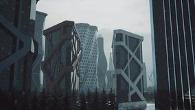 Video footage showing a cluster of towering buildings in a futuristic cityscape, showcasing modern urban development.