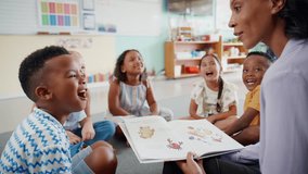 Female primary or elementary school teacher reading to students sitting on floor in multi-cultural classroom - shot in slow motion - Powered by Shutterstock - Get 15% off with code: PIKWIZARD15