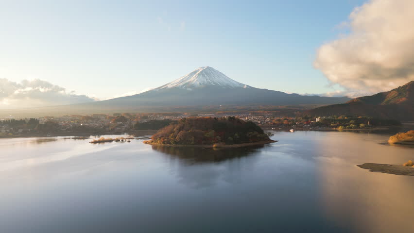 mount fuji aerial view drone at sunrise flying over kawaguchi lake in the fall