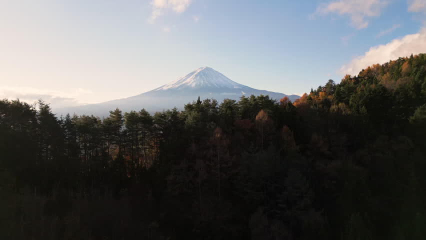 aerial view drone of the forest in the fall with mount fuji and lake kawaguchi in the background