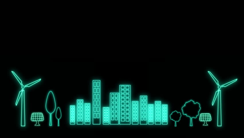Green energy concept animated background. Neon Light Alternative energy and eco friendly neon animated icons Isolated on Black background. Eco Friendly City landscape animation. - Powered by Shutterstock - Get 15% off with code: PIKWIZARD15