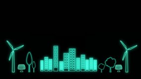 Green energy concept animated background. Neon Light Alternative energy and eco friendly neon animated icons Isolated on Black background. Eco Friendly City landscape animation. - Powered by Shutterstock - Get 15% off with code: PIKWIZARD15