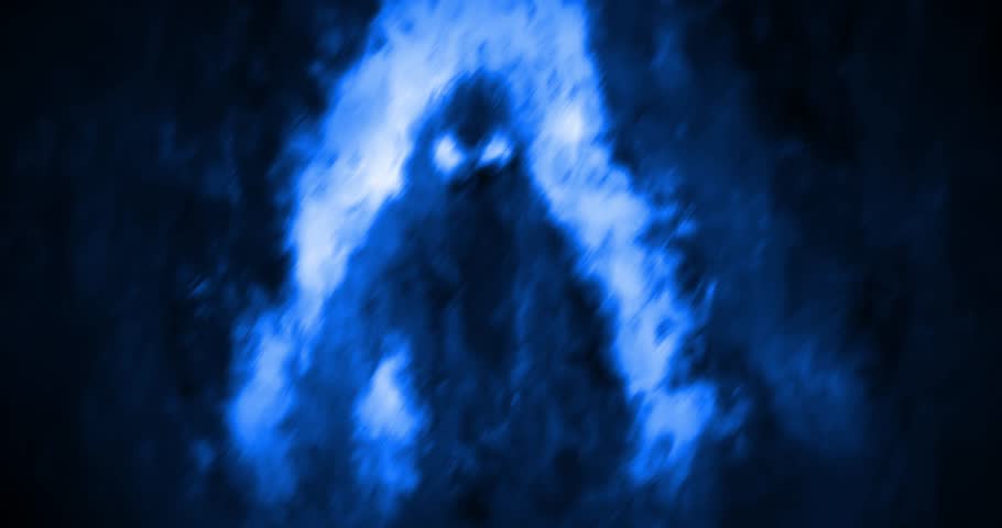 Evil alien thing silhouette jump out from dark. Demonic ghost face. 2D animated creepy movie. Horror fantasy genre. Blur, glitch, flicker and camera shake effects. Scary 4K video clip for Halloween. 