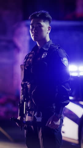Vertical Shot: Portrait of a Young Asian Male Police Officer Turning to Camera and Looking Serious Under Siren Lights. Policeman Reporting for Duty on a Crime Scene, Keeping Order, Fighting Crime