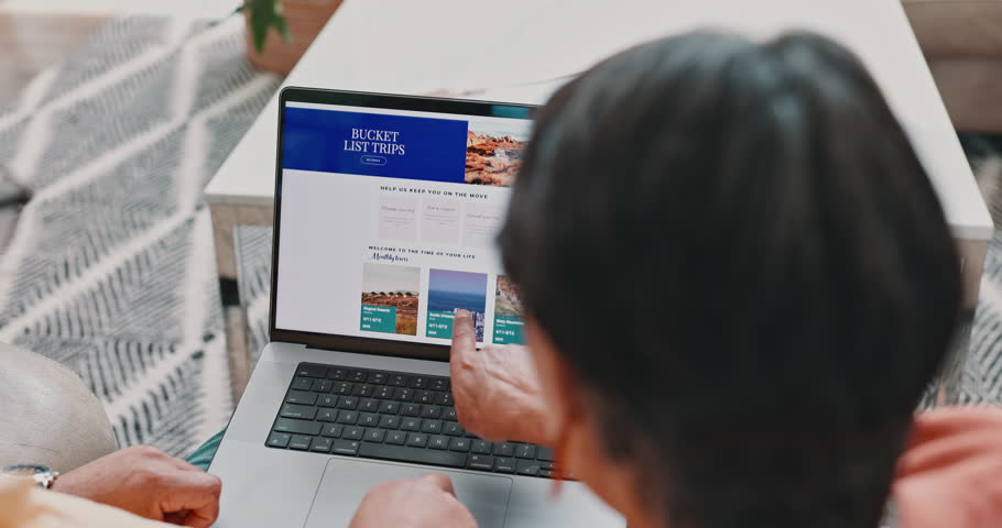 Couple, laptop and holiday research or home for vacation itinerary for international booking, trip or back. People, screen and web decision for planning accommodation or country, homepage or travel