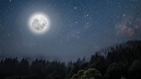 Full moon night nature landscape with forest lake. Centered full moon behind tree branches on cloudy night. Looking up at giant moon shining on silhouettes of trees during a walk. - Powered by Shutterstock - Get 15% off with code: PIKWIZARD15