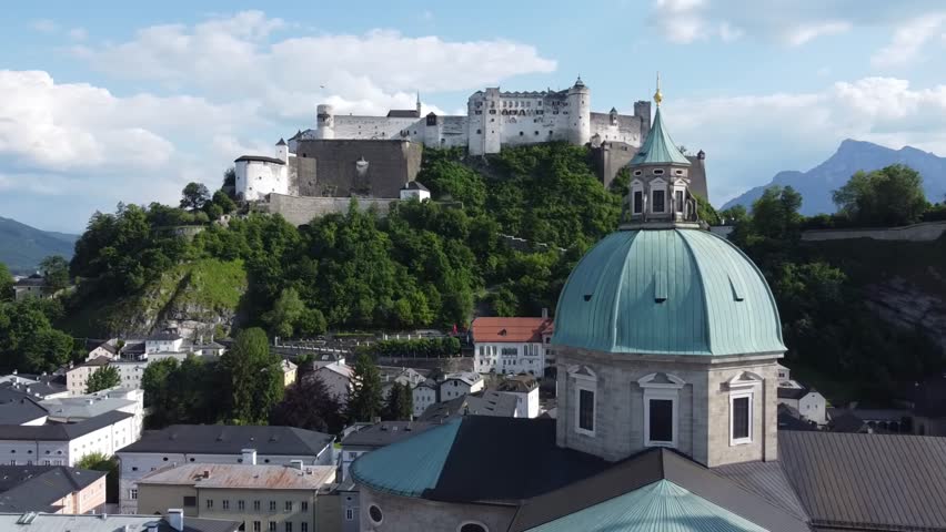 Aerial panoramic view of cityscape of Salzburg city, Austria from above, Europe.