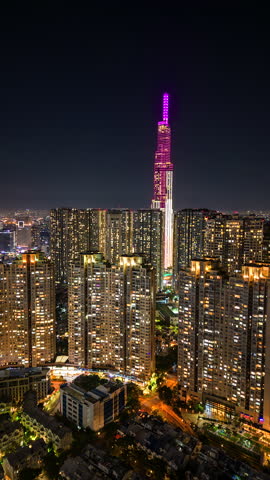 Night timelapse of downtown Ho Chi Minh City (Saigon), Vietnam.