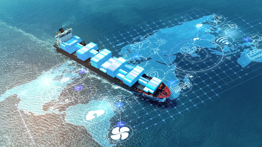 AI technology Cargo Container Ship with line connection. Tehcnology Global Logistics international delivery concept, World map logistic and supply chain network distribution Container Ship