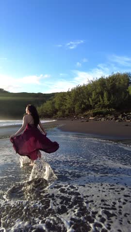 Epic Model Running Down Black Sand Beach Hawaii at Sunrise. Wild Free Beauty Feminine Energy Mother Nature Big Island Hawaiian Paradise Vertical Landscape Solo Journey New Beginning Run Towards Change