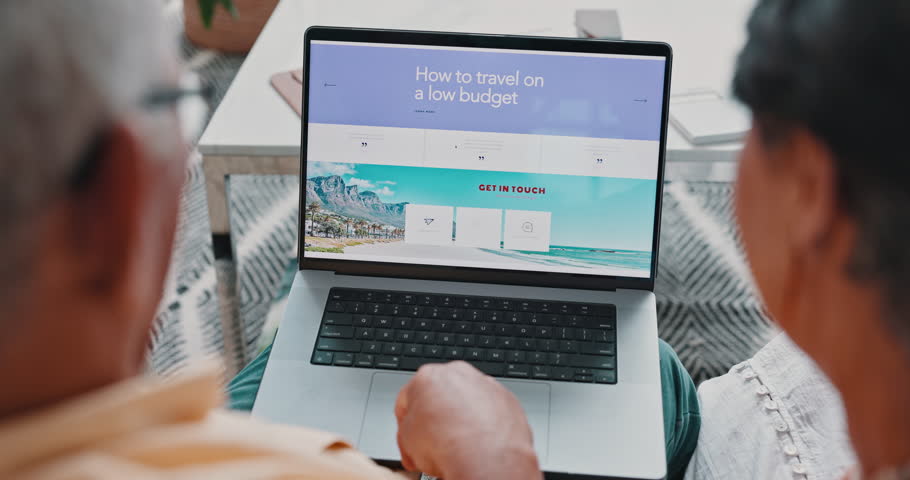 Couple, laptop and travel research or home for vacation itinerary for international booking, trip or back. People, screen and web decision for planning accommodation or Hawaii, homepage or review