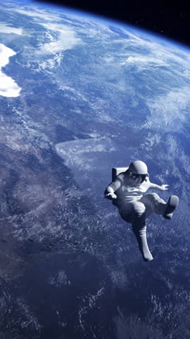 Vertica Astronaut Falling From Space To Earth in slow motion with free fall zero gravity effect. Lonely spaceman lost in space with blue planet earth in background.Cosmonaut or spaceman in space suit