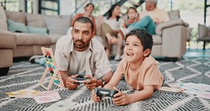 Dad, son and video game on living room floor with smile, play and click button for competition in family home. Gaming, father and boy kid with bonding, contest or esports on carpet in lounge at house