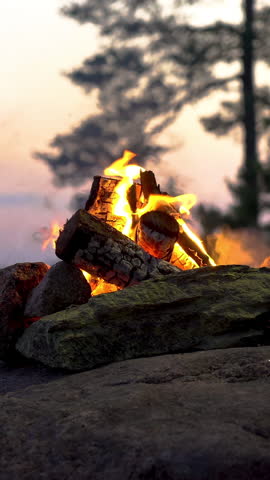 A bonfire burning in a forest on the shore of a lake at midnight on the Summer Solstice. Summer White Night on the eve of Midsummer Day in Finland. Sound of campfire and wildlife, birdsong Royalty-Free Stock Footage #3453311933